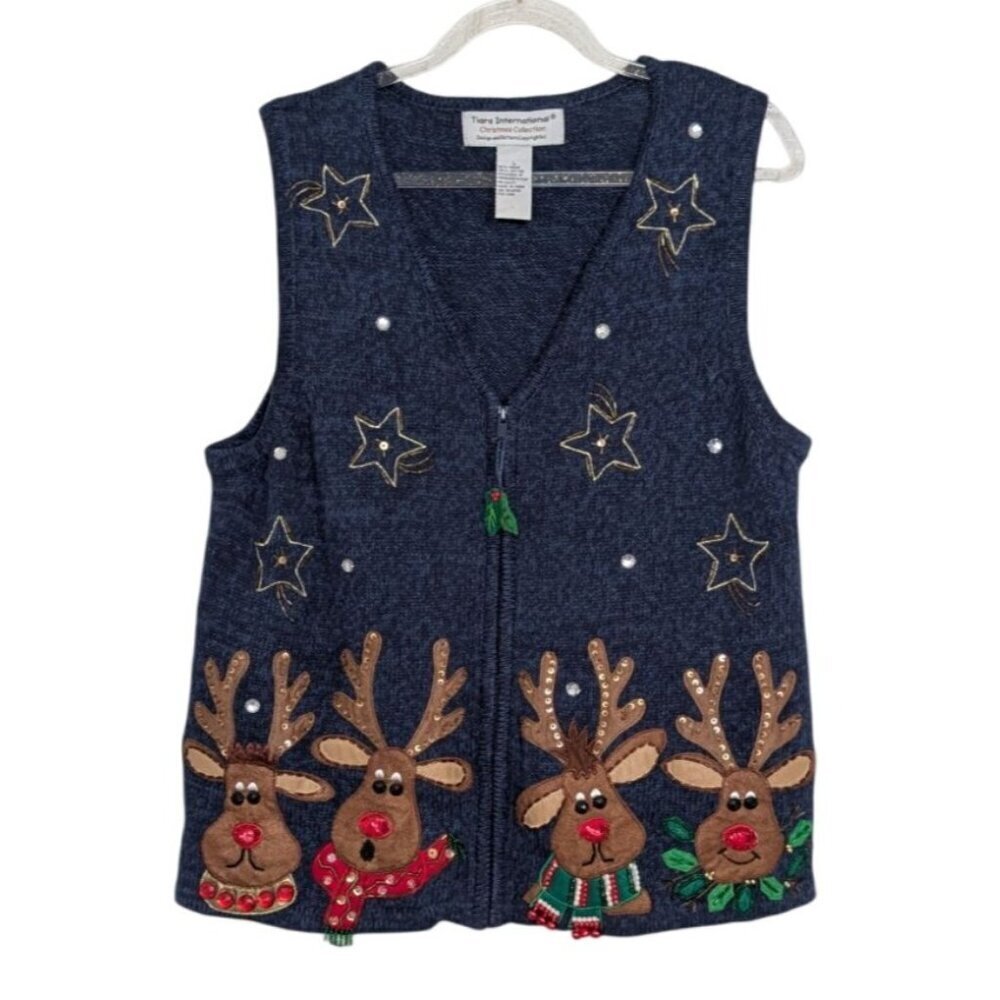 Tiara International Reindeer Embellished Sweater Vest Womens Size Large Blue Zip